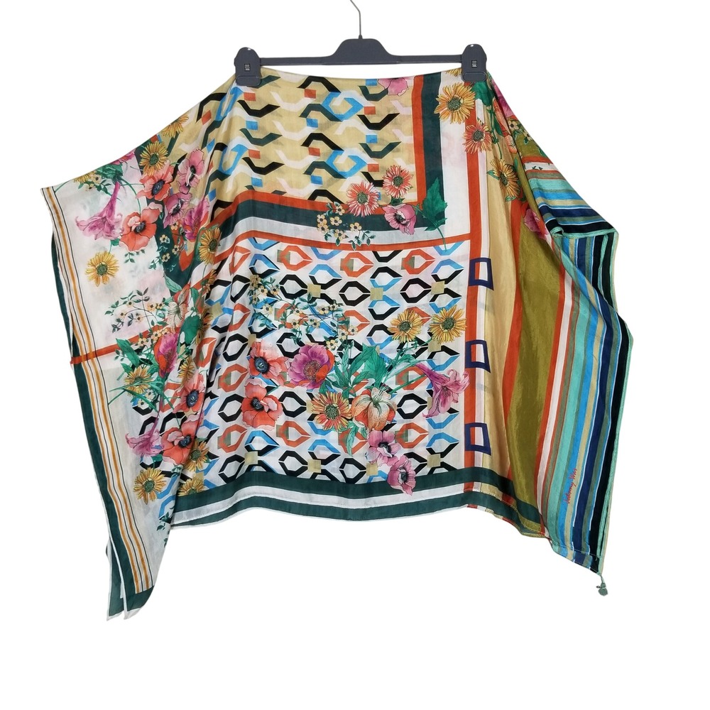 Johnny Was Square Scarf Women OS Multicolor Floral Geometric Silk Tassel Boho